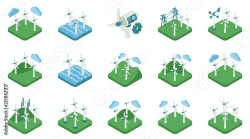 Modern Isometric Illustrations of Wind Turbines in Various Scenic and Technological Settings with high quality professional line art symbols for modern creative design and digital branding projects