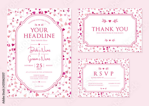 Magenta Pink Heart Floral Wedding Invitation Suite Vector Template

