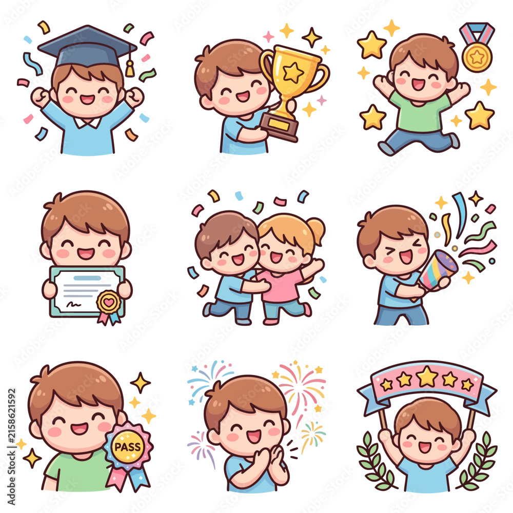 Fototapeta premium Set of Cute Cartoon Kids Celebrating Success Achievements and Graduation Moments
