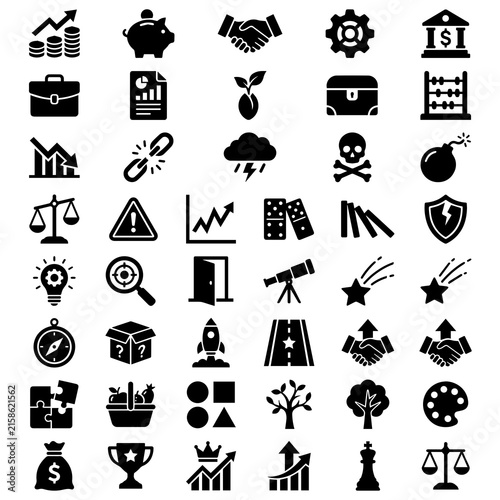 Collection of black flat depicting business, finance, technology, science, and various symbolic concepts for projects