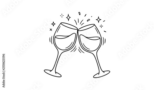 Two wine glasses clinking toast cheers celebration hand drawn doodle vector