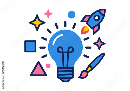 Creative Innovation Concept with Glowing Lightbulb Rocket and Brush