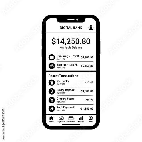 Black and white mobile app interface for a digital bank showing available balance, account types, and recent transaction history for users