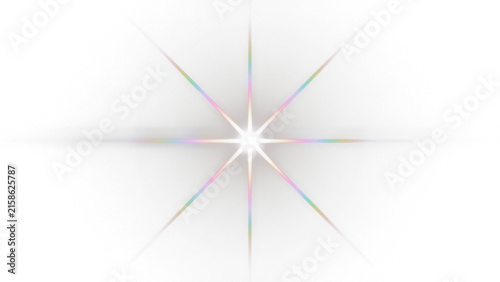 Luminous starburst lens flare, bright white light effect with rainbow diffraction, glowing sunburst element for overlays