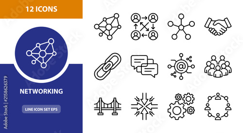 12 Networking linear icon set connections, communication, people, bridge, gears, UI and web interface design