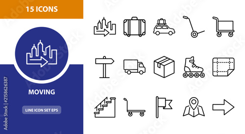 15 Moving linear icon set city, suitcase, car, cart, box, roller skates, stairs, map, UI and web interface design