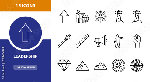 15 Leadership linear icon set, team, direction, guidance, UI and web interface design