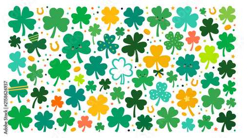 Kawaii Lucky Shamrock Seamless Pattern Vector, St Patrick’s Day Clover Leaves, Horseshoes and Gold Coins Illustration
