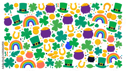 Fotografie St Patrick’s Day Kawaii Vector Pattern – Shamrocks, Leprechaun Hats, Pots of Gol