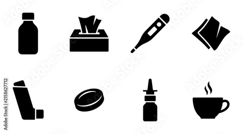 Foto 8 common illness and medical care silhouette icons, flat, for health and wellnes