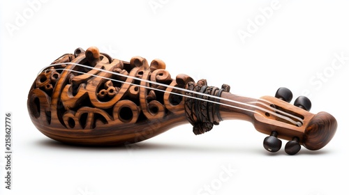 Ornate stringed instrument with intricately carved body, lying horizontally