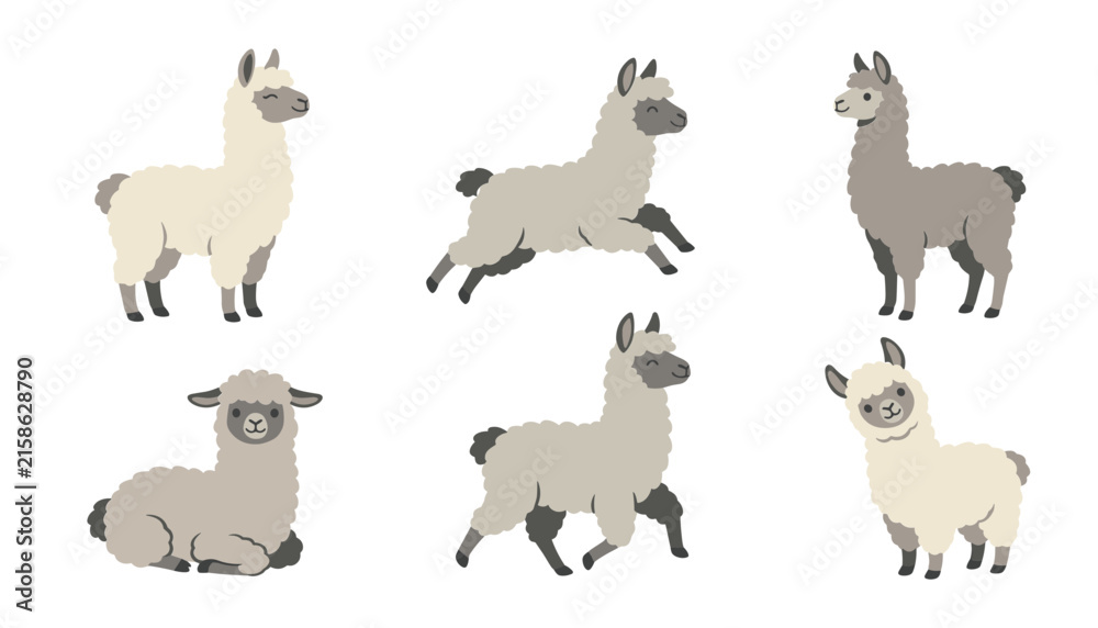 Naklejka premium Cute llama and alpaca vector character set with different poses running sitting and standing isolated on white