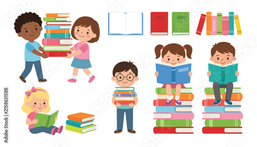 Cute Kids Reading Books Vector Character Element Set with Diverse Students Carrying and Sitting on Book Stacks for Back to School and Library Designs