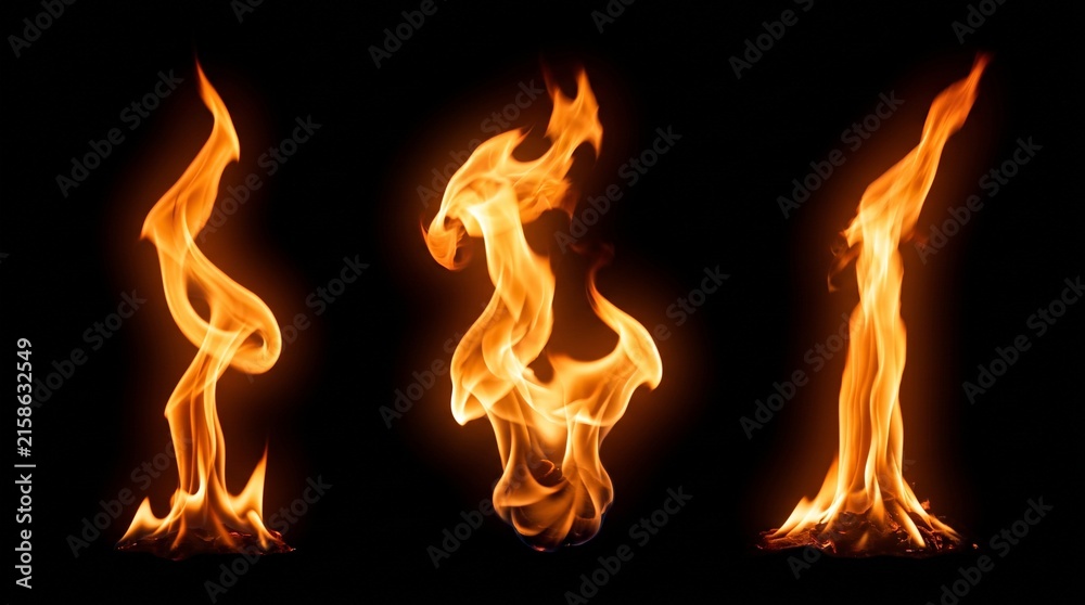 Fototapeta premium Three orange fire flames isolated on black background with combustion pyrolysis ignition burning energy danger blaze heat hot
