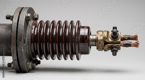 High voltage electrical porcelain insulator with copper wire connection.