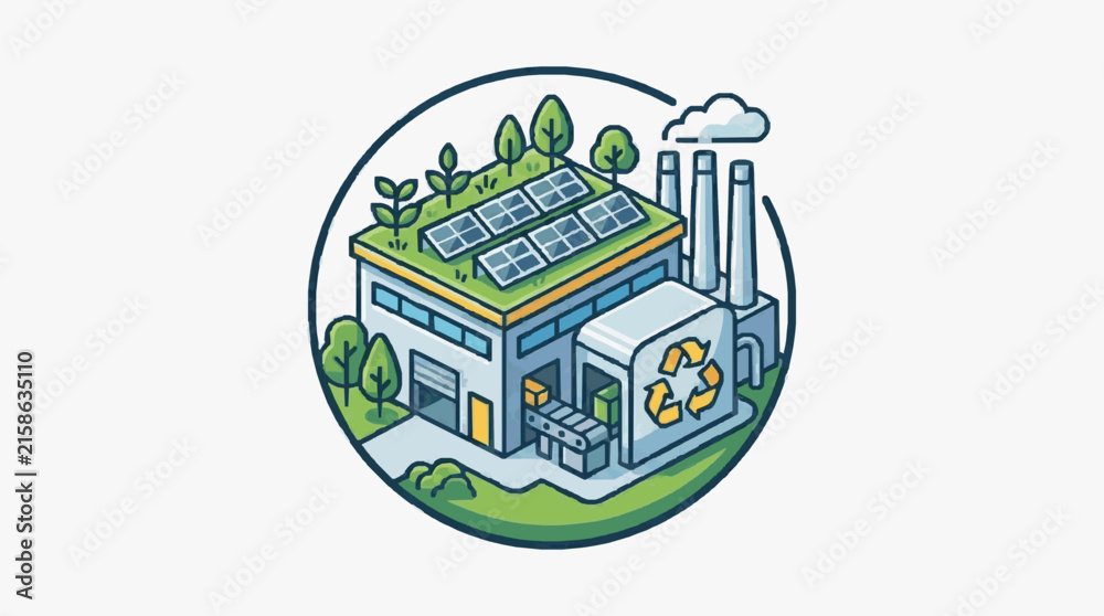 Fototapeta premium Professional Isometric of Eco Friendly Industrial Building with Solar Panels Recycling Symbol and Green Surroundings