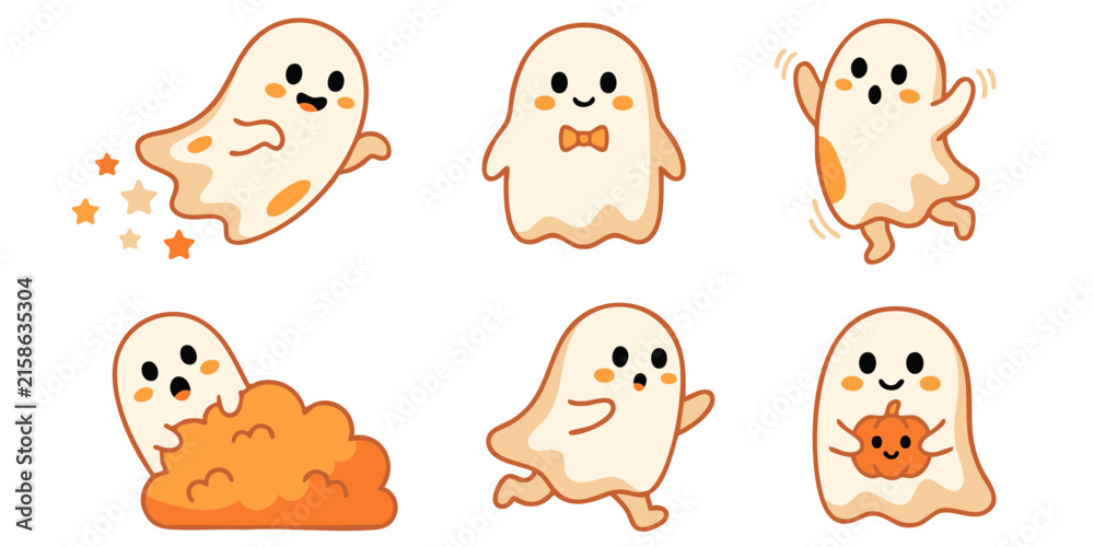 Obraz premium Cute Halloween Ghost Character Vector Sticker Set with Playful Ghost Emoticons and Spooky Cartoon Mascot Icons