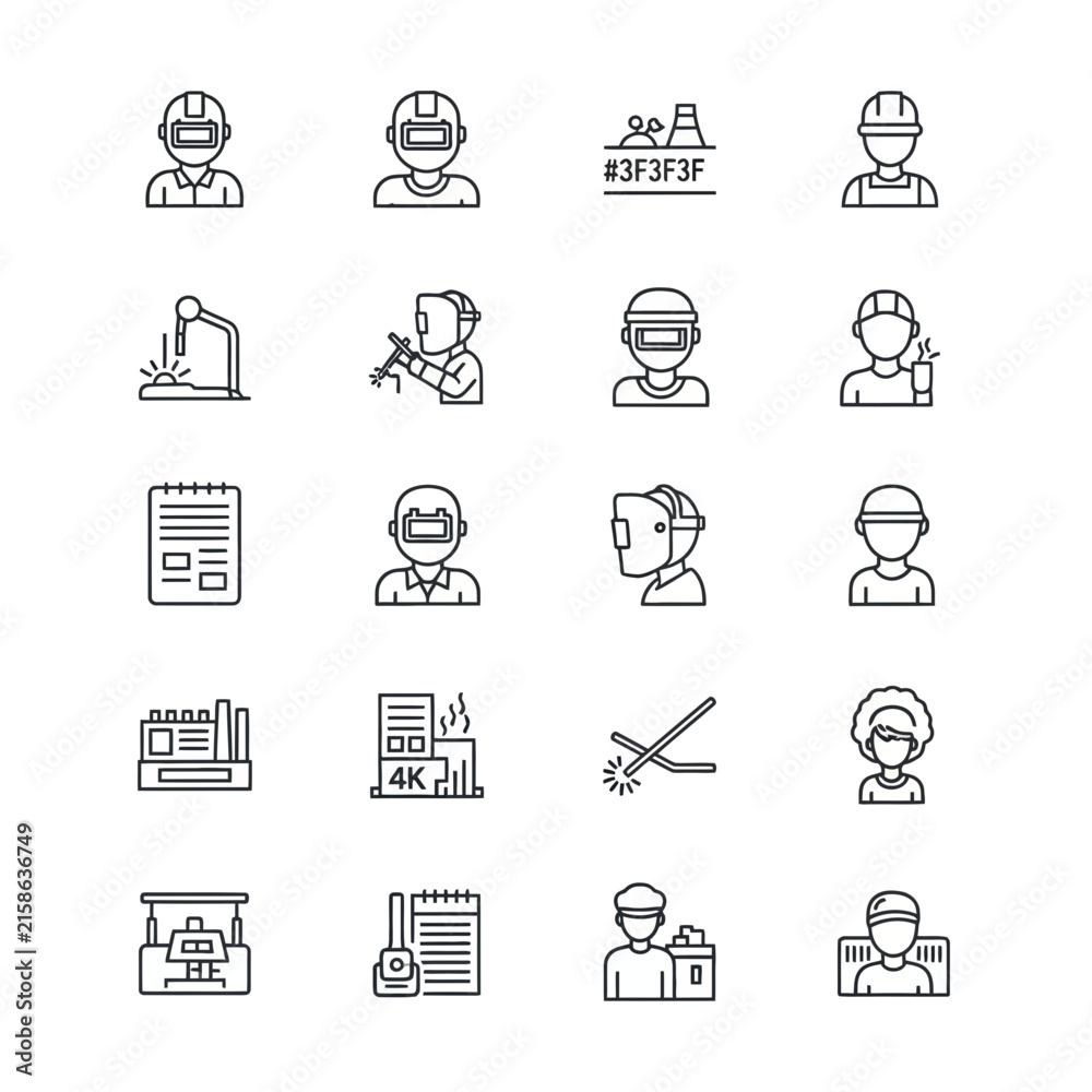 Fototapeta premium Industrial welding process and worker profile icons collection.