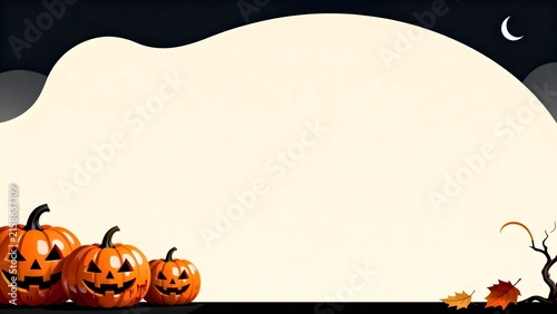 Spooky halloween border background with jack o lantern pumpkins, autumn leaves and copy space