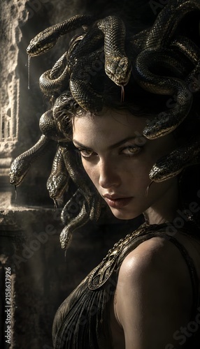 Mysterious Medusa-inspired woman with intense eyes and thick serpentine hair, illuminated by dramatic warm light, creating a dark mythological portrait inspired by Greek mythology fantasy supernatural