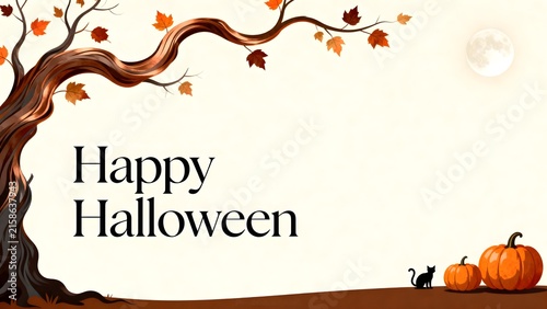 Happy halloween text background with autumn tree, falling leaves, black cat, pumpkins and full moon