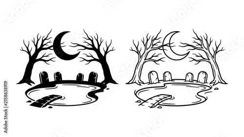 Spooky Graveyard Scene: Two stylized illustrations depict a haunting graveyard at night with bare trees, tombstones, a crescent moon in the sky, and a winding path leading through a murky pool.