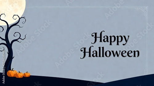 Happy halloween vector card template with spooky tree silhouette, full moon, pumpkins and blue background