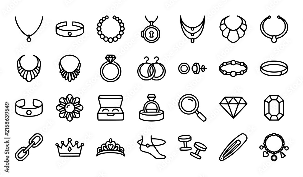 Fototapeta premium Jewelry and accessories line art icons set featuring necklaces rings diamonds and crowns necklace accessory gemstone earrings bracelet precious cufflinks magnifier brilliant shopping