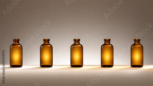 Generative AI image of a widely spaced row of five identical unlabelled amber glass bottles standing against a seamless warm grey in minimal medical stock photography with clean commercial copy space.