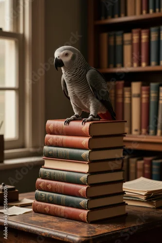 Obraz A gray African parrot perches on a stack of books in an indoor study setting, surrounded by rich textures and warm natural light.