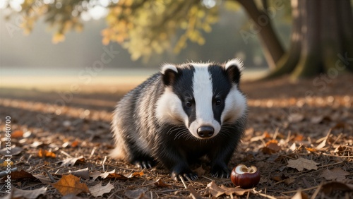 A European badger crouches on a forest floor, its black-and-white facial markings and stocky build evident as it faces the camera with front paws planted firmly.