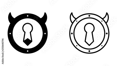 Bild auf Leinwand Devil Icon with Keyhole: Two stylized icons, one solid black and one outlined, depict a devilish crest with a central keyhole, symbolizing mystery and mischievousness