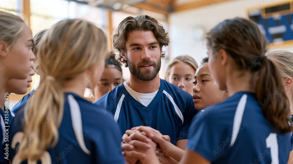 Fototapeta premium Youth volleyball team huddle between sets with coach at center, youth sports belonging coaching, team hands stacked in the middle, sweat and intensity on teenage faces, gymnasium