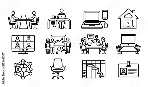 Coworking and corporate workspace icon collection for hybrid work startup collaboration and meetings