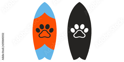 Photography Surfboard designs featuring a paw print, one in vibrant orange and blue, other in classic black and white
