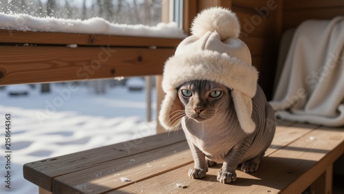 A hairless Sphynx cat wears a cream-colored fur-lined hat with ear flaps and a large pom-pom on its head.