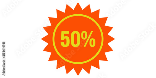 Fotografie Orange discount starburst badge with yellow fifty percent text and border isolated icon on transparent background for retail promotion