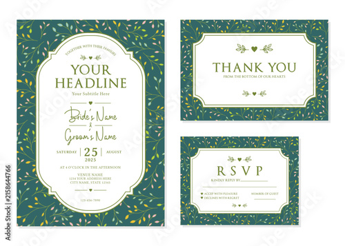 Dark Green Botanical Wedding Invitation Suite Vector Template
