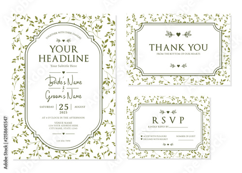 Green Botanical Leaf Wedding Invitation Suite Vector Template
