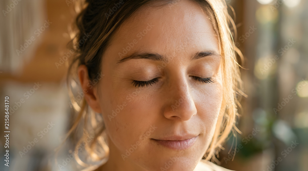 Fototapeta premium Woman with eyes closed enjoying peaceful moment outdoors.