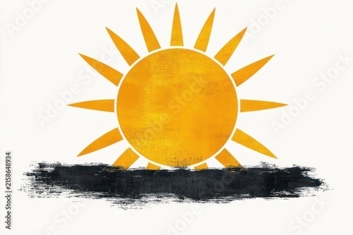 Textured yellow sun with pointed rays rising above a rough black brushstroke horizon, minimal illustration expressing warm cheerful optimism