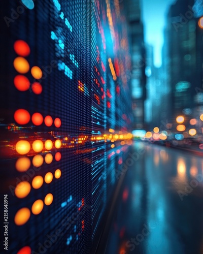 glowing electronic data display with orange circular lights and blue pixels reflected on wet city street, blurred skyscrapers and bokeh conveying a futuristic bustling energy