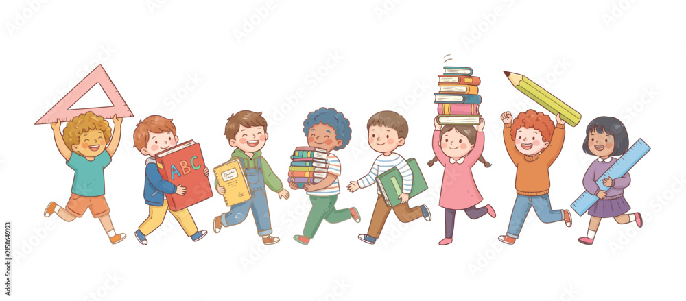 Fototapeta premium Happy children vector illustration. Diverse kids walking together with school supplies, books, backpacks and playful poses for education, classroom, kindergarten and school design