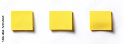 Three yellow adhesive notes evenly spaced on a white background with soft shadows, minimalist organized composition conveying bright focused cheerfulness