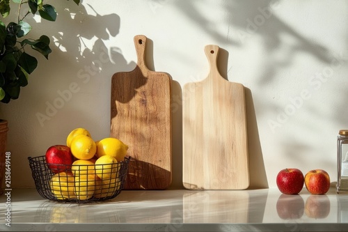 sunlit kitchen counter with two wooden cutting boards, wire basket of lemons and apples, potted plant casting leaf shadows on white wall, glass jar and calm warm atmosphere