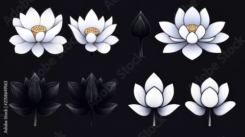 Set of stylized white and black lotus flowers, buds, and seed pod on dark background conveying calm serene balance