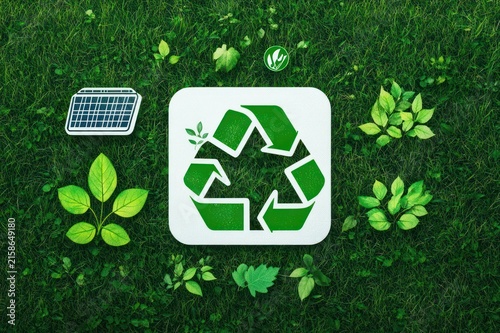 recycling symbol on lush green grass surrounded by fresh leaves and a solar panel icon, conveying renewal and hopeful environmental care