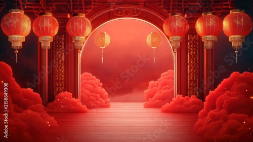 Ornate red archway with glowing hanging lanterns, flanked by carved pillars and billowing red clouds over a wooden floor, creating a warm, festive, majestic atmosphere
