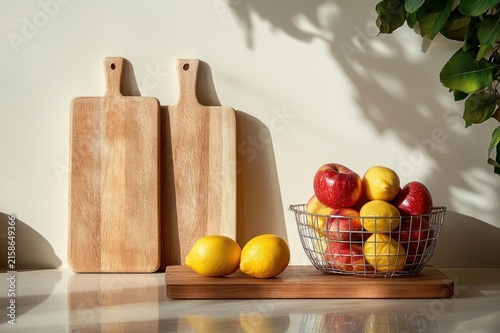 Sunlit kitchen still life with two wooden cutting boards, wire basket of red apples and yellow lemons on a wooden tray, warm calm morning light and soft shadows