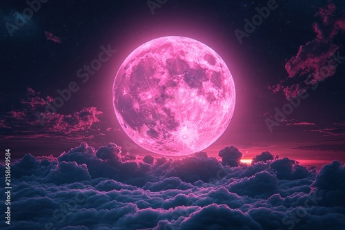 Giant glowing pink full moon hovering above a sea of soft clouds at twilight, dreamy mystical night sky evoking wonder and tranquility